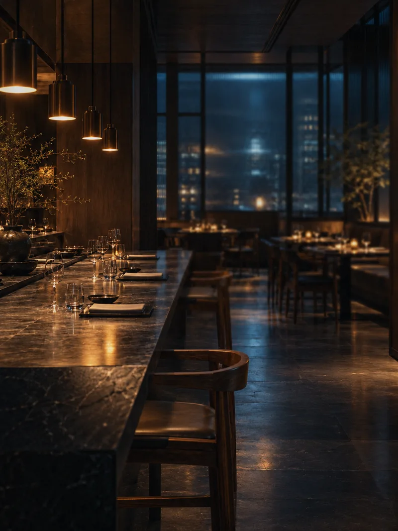 Restaurante con barra de piedra, mesas preparadas e iluminación cálida