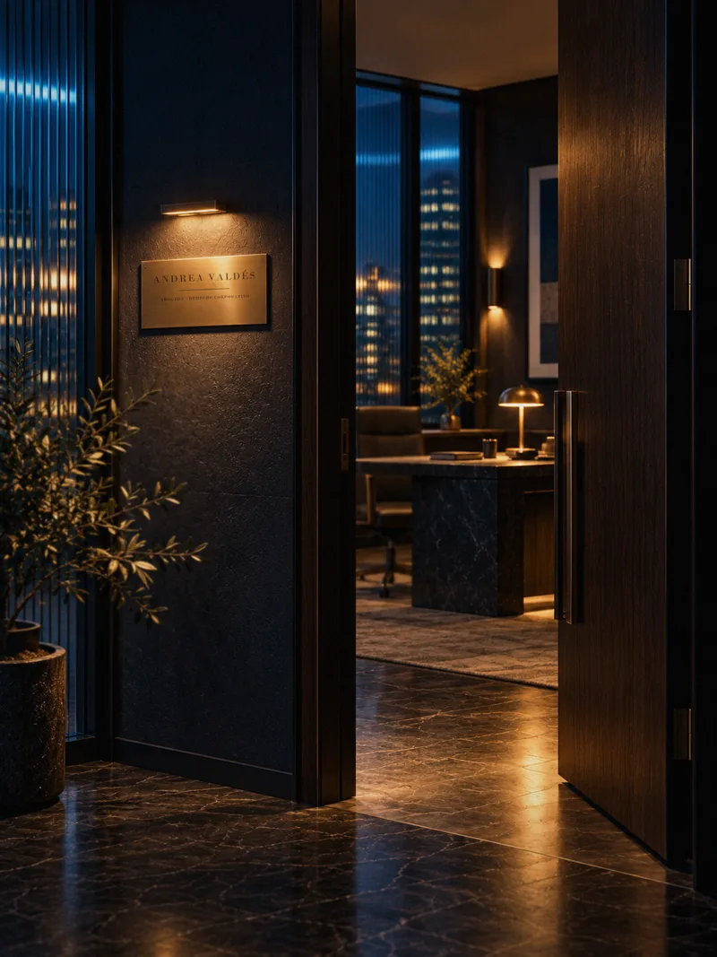 Entrada de un despacho con una placa de nombre iluminada junto a la puerta